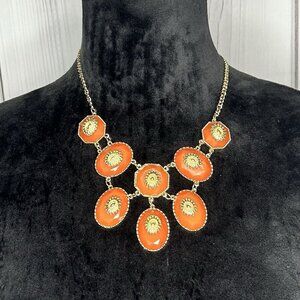 NEW Charming Charlie Statement Necklace Orange w/ Gold Tone Accents & Chain 22"